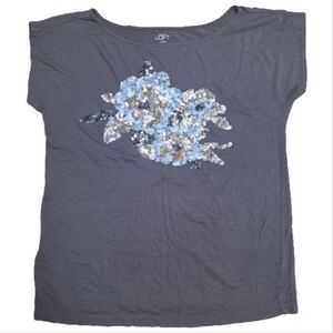 Ann‎ Taylor LOFT Sequined Floral T-Shirt Women's Size Large Grey Cap Sleeve
